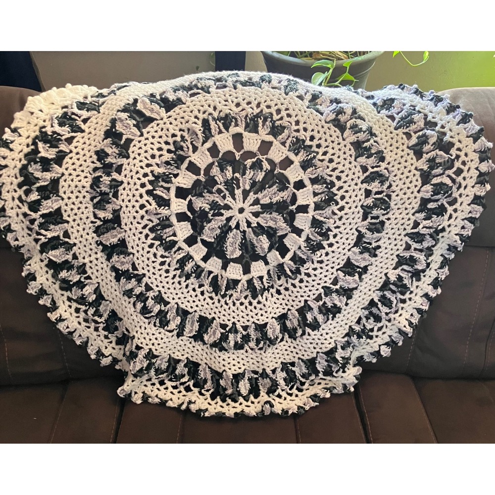 Crochet Mandala Throw Blanket White Black Gray Mandala Round